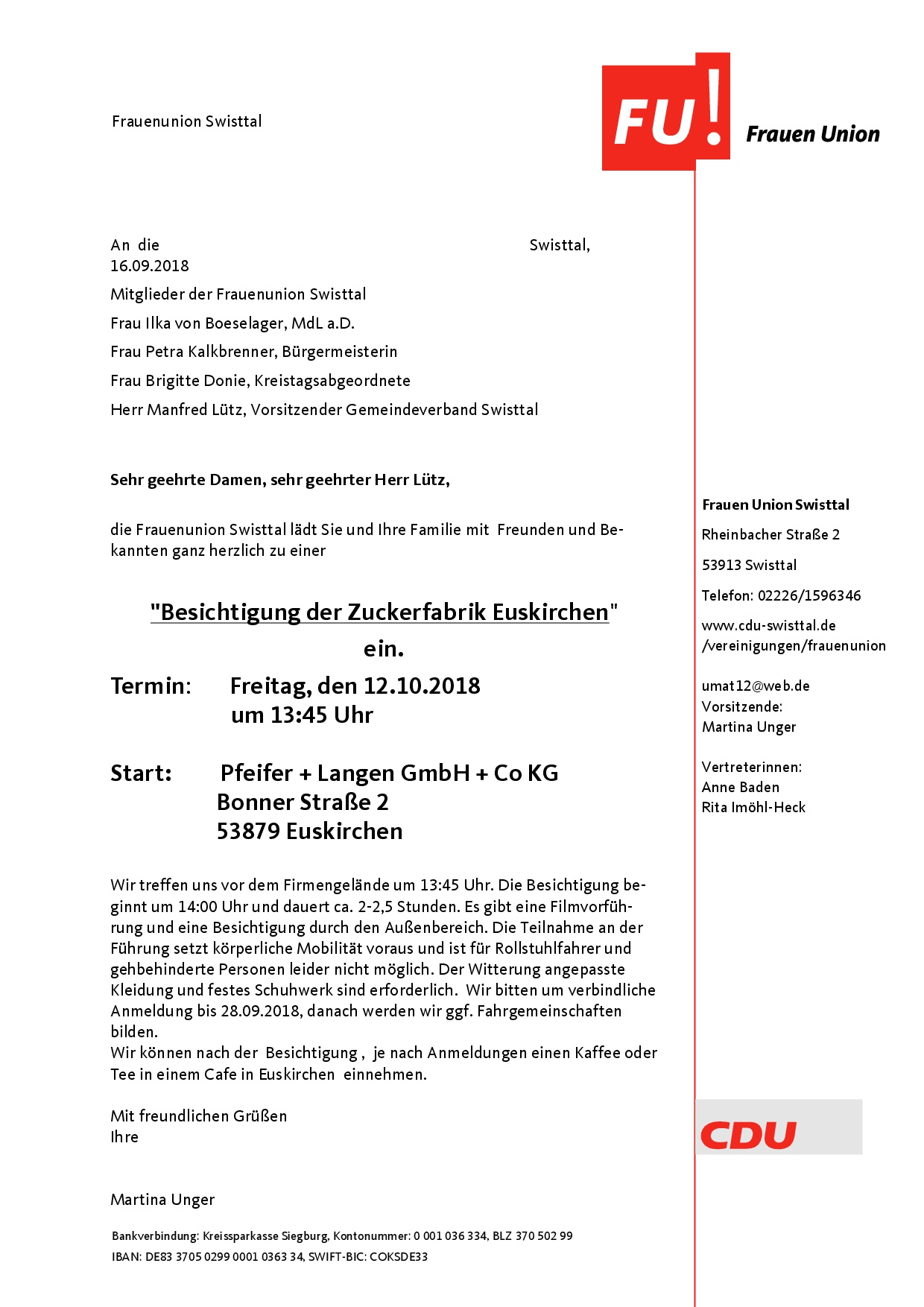 Einladung zur Besichtigung der Zuckerfabrik Euskirchen