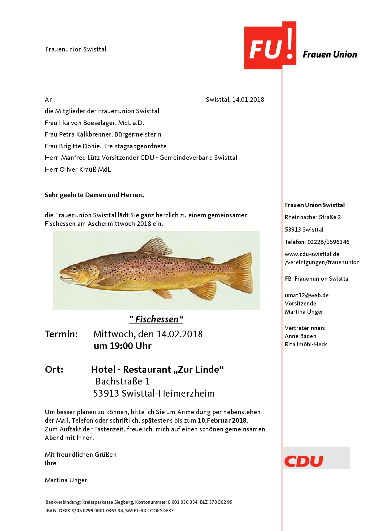 Einladung zum Fischessen am Aschermittwoch 2018