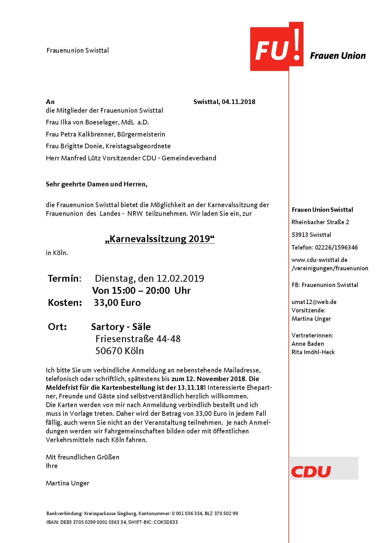 Einladung zur Karnevalssitzung 2019 - Satory-Säle