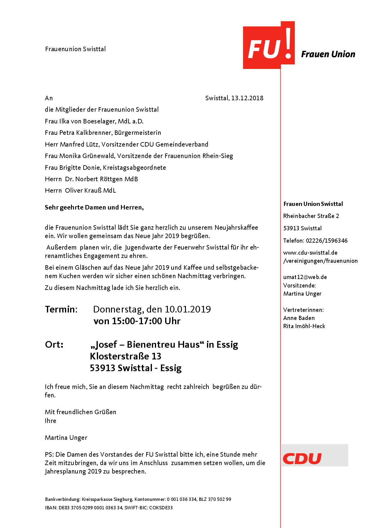 Einladung der Frauenunion Swisttal zum Neujahrskaffee