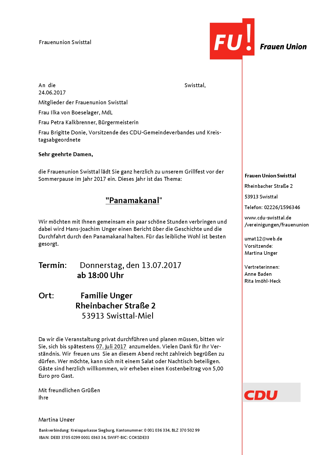 Einladung der FU zum Grillfest am 13.07.2017