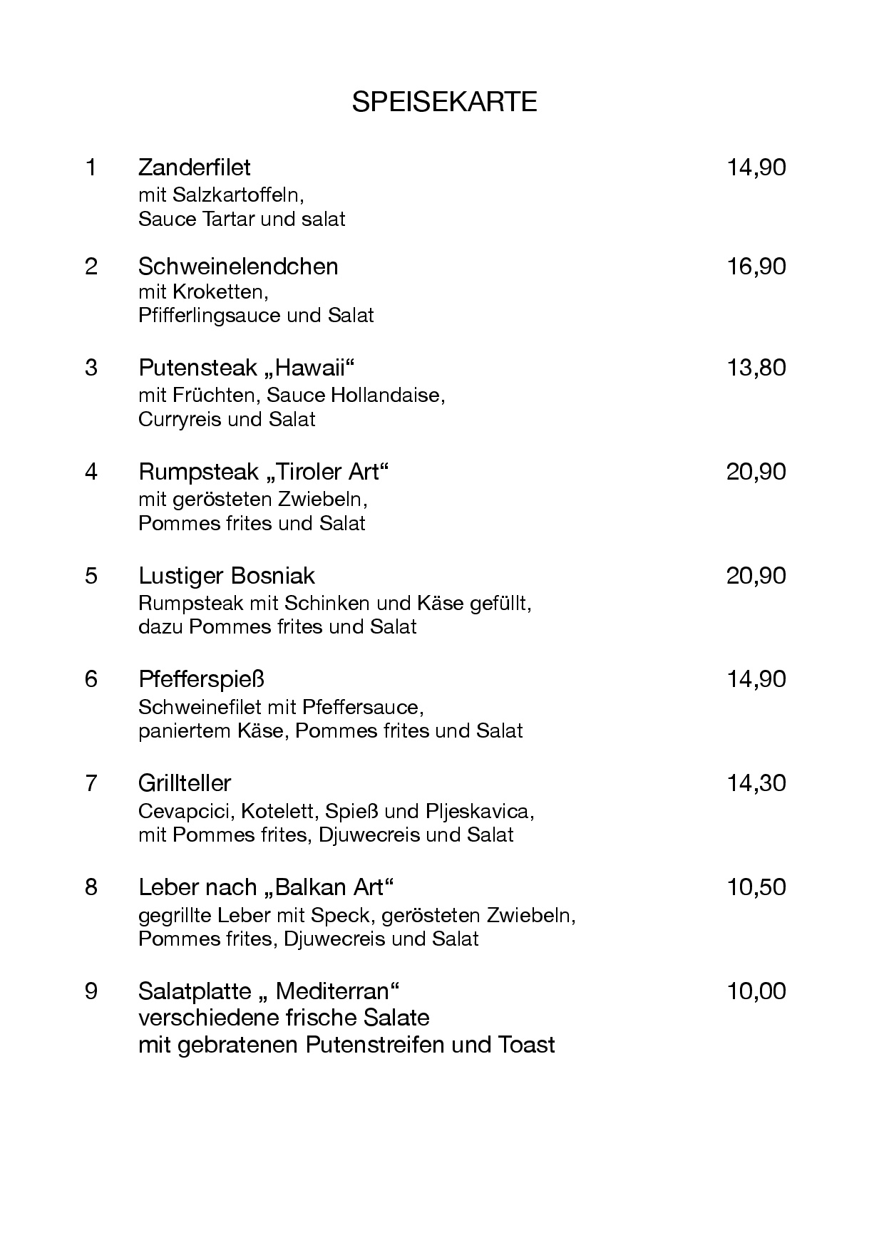 Speisekarte Tagestour 2019