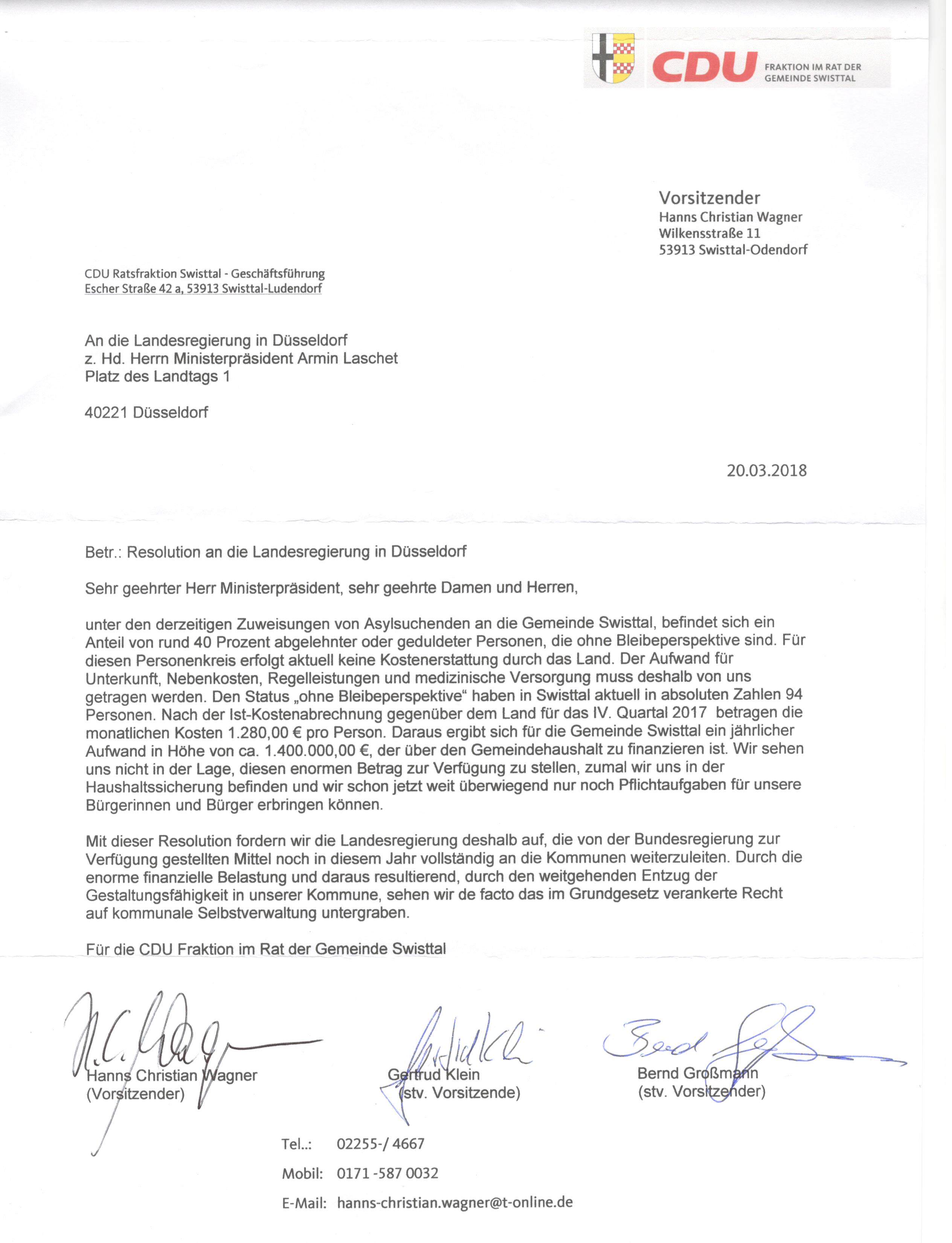 Resolution an die Landesregierung in Düsseldorf