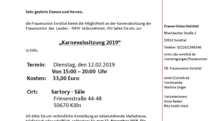 Einladung zur Karnevalssitzung 2019 - Satory-Säle